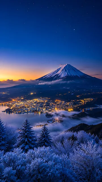 Snow-covered mountain peak rising above glowing city lights and frosted trees under a twilight sky.