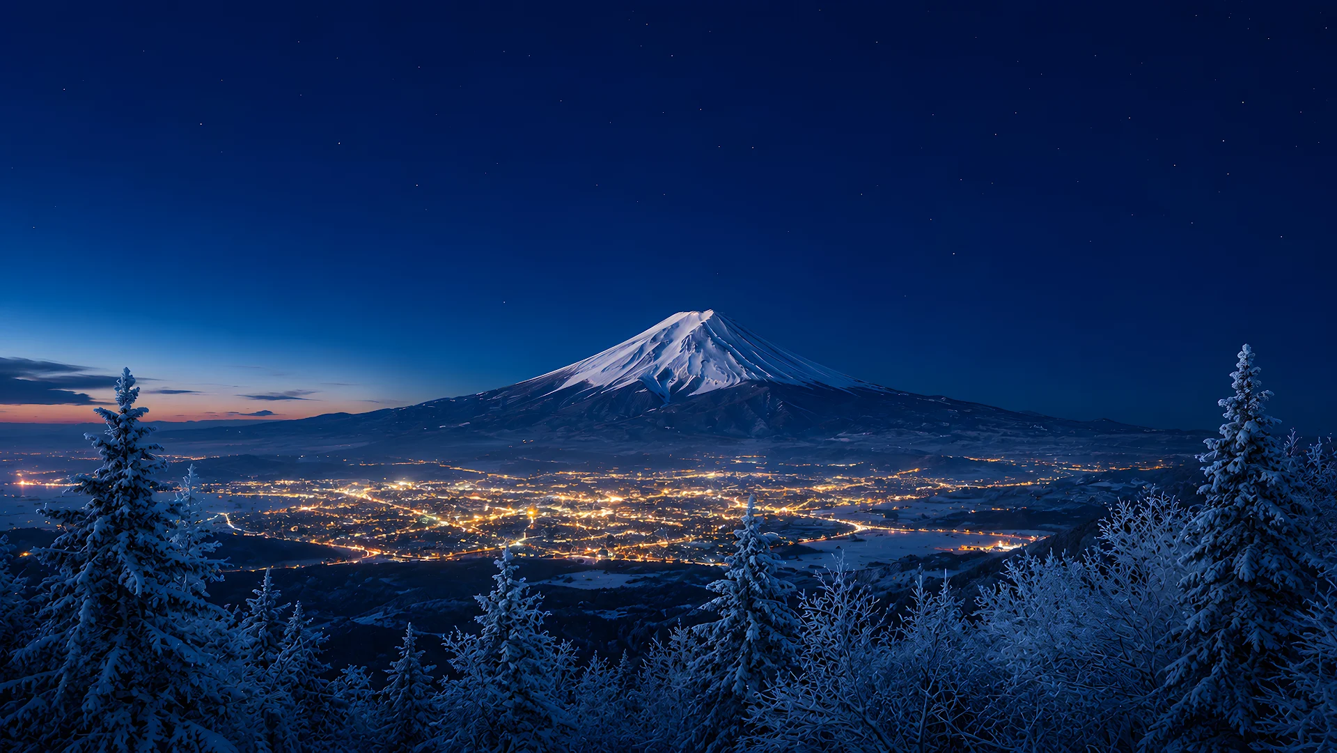 Snow-capped iconic mountain peak overlooking glowing city lights at dusk - Free 4K desktop Wallpaper