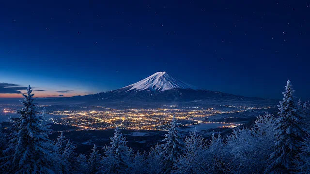 Snow-covered mountain peak rising above glowing city lights and frosted trees under a twilight sky.