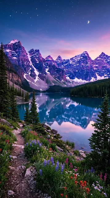 Snow-Capped Mountains and Alpine Lake at Twilight - Free 4K & 8K mobile Wallpaper