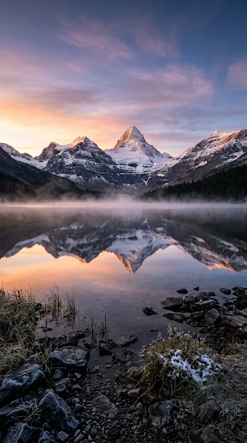 Snow-Capped Mountains and Lake Reflection at Dawn - Free 4K & 8K mobile Wallpaper