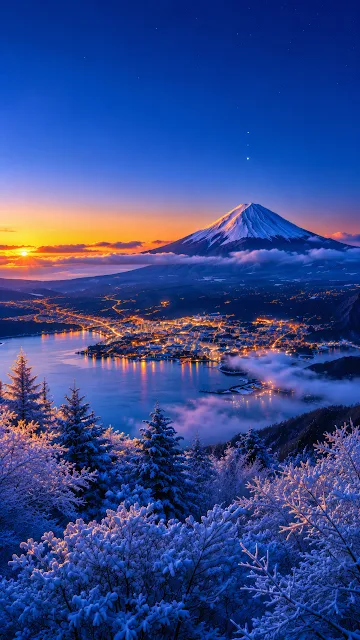 Iconic snow-capped volcanic mountain towering over an illuminated lakeside town, misty morning clouds, and frosty pine trees at sunrise.