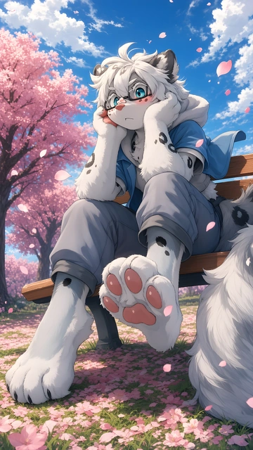 Anime snow leopard character with glasses and large paw pads sitting on a wooden bench beneath pink trees.