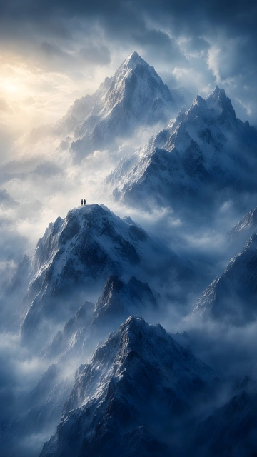 Silhouetted mountaineers standing atop a sharp snow-covered peak surrounded by low clouds.