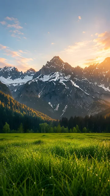 Close-up of dew-covered grass in a green field leading up to dark pine forests and majestic snow-capped mountain peaks at sunrise.