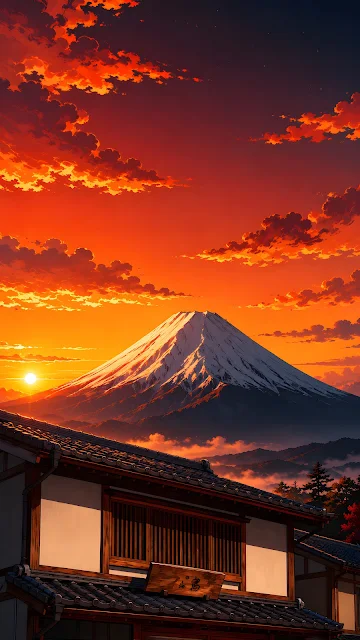 Snow-covered mountain rises above a traditional wooden building beneath a dramatic orange and navy sunset sky.
