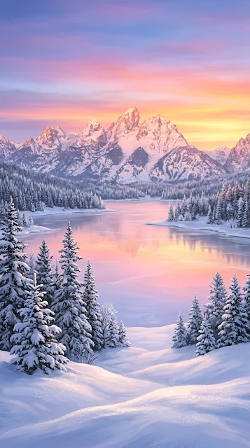 Snowy Mountain Landscape at Dawn with Frozen Lake Reflection - Free 4K & 8K mobile Wallpaper