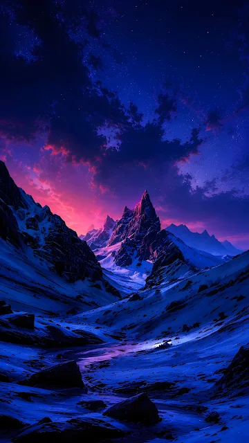 A snowy mountain range with sharp rocky peaks illuminated by vibrant pink, magenta, and deep blue twilight sky colors.