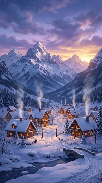Snowy Mountain Village at Dusk with Purple Sky and Cozy Cabins - Free 4K & 8K mobile Wallpaper