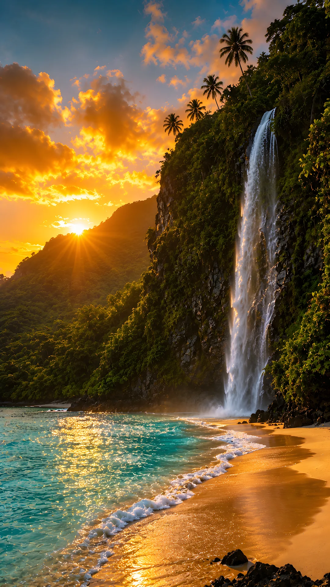 Soaring tropical waterfall pouring into lagoon beneath golden sunset - Free 4K mobile Wallpaper