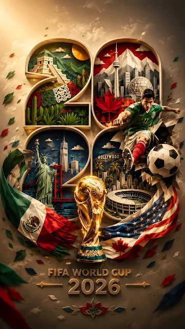 Soccer player kicking ball near a gold trophy framed inside large number shapes showing international landmarks and national flags.