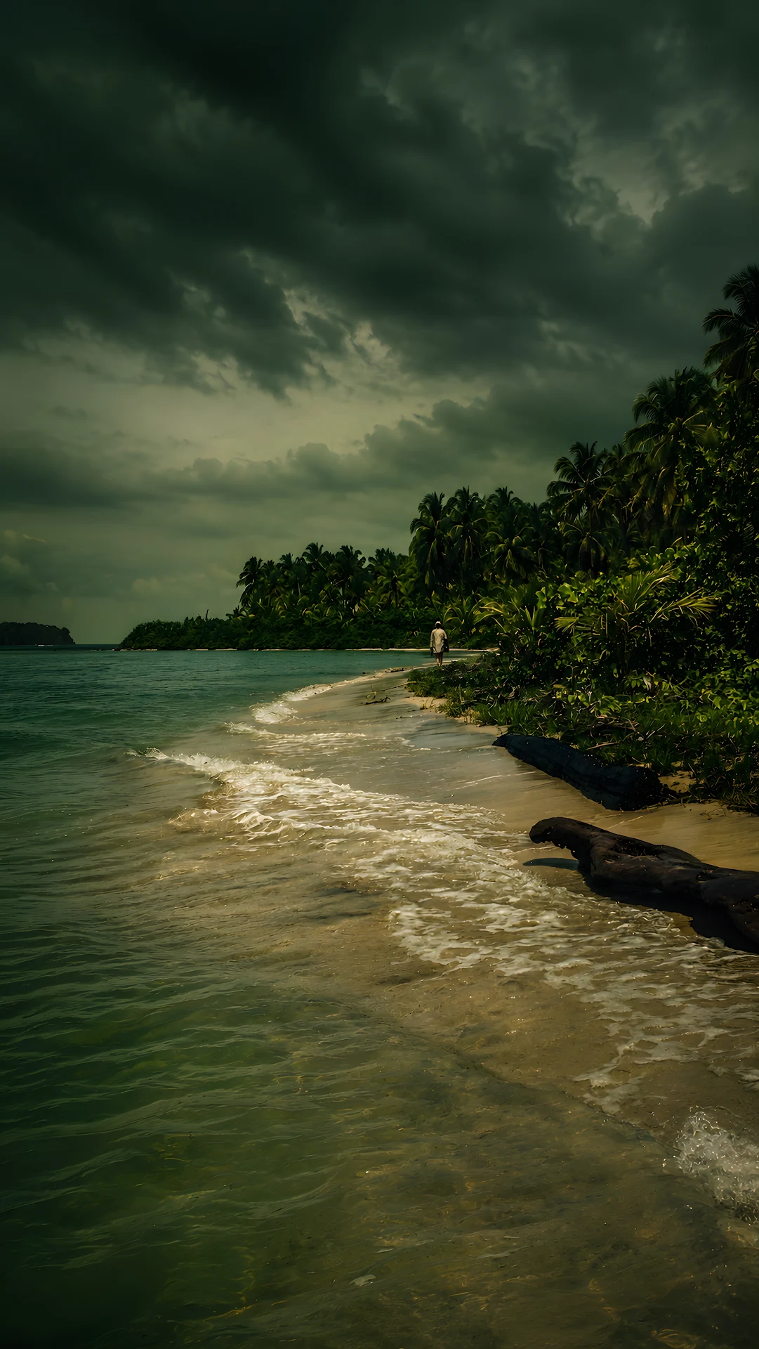 Solitary Beach Coastline Under Stormy Dark Skies with Palm Trees - Free 4K mobile Wallpaper