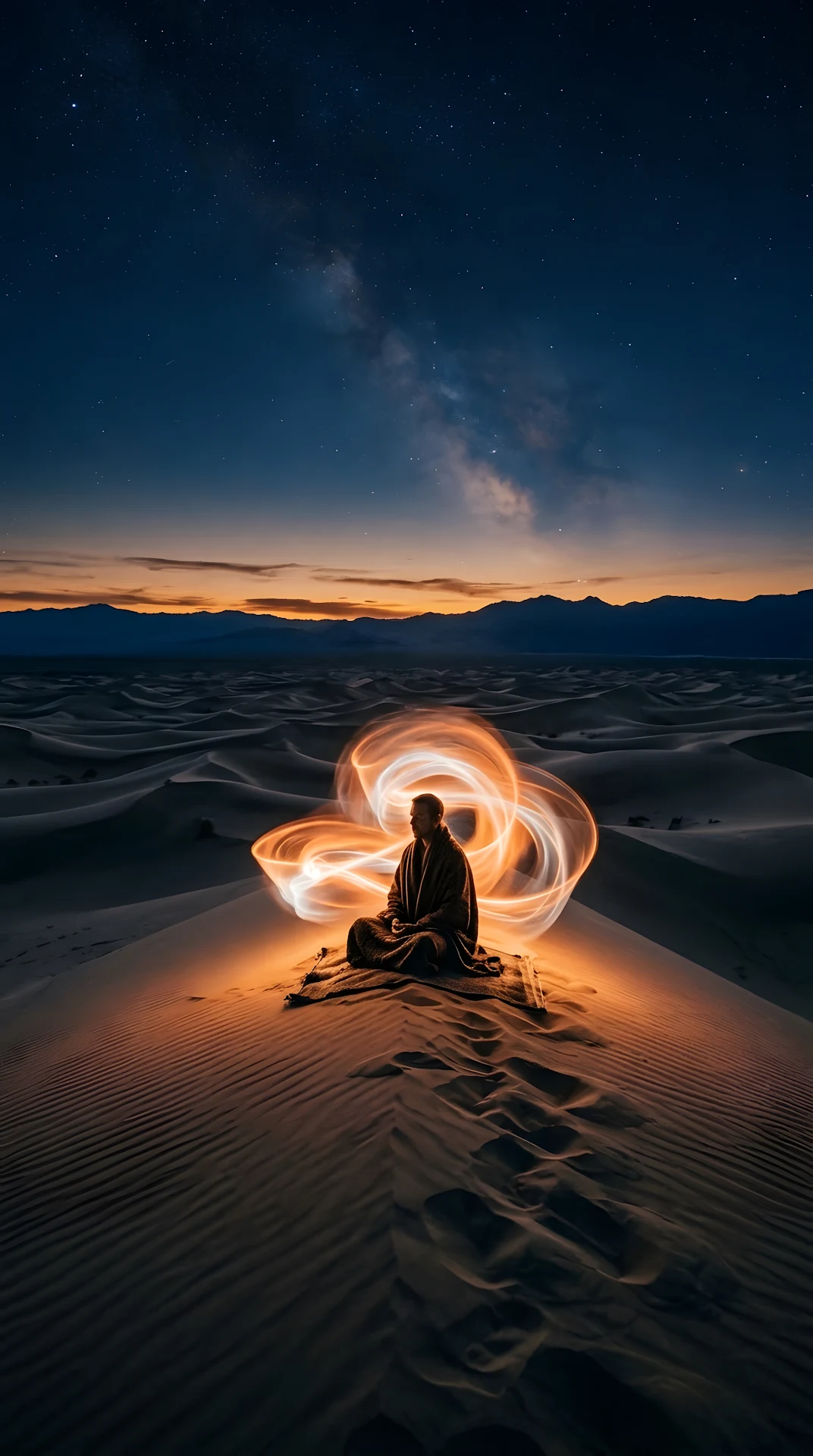 Solitary Figure Meditating in Desert with Glowing Orange Aura at Twilight - Free 4K mobile Wallpaper