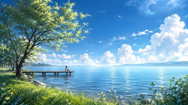 Anime-style landscape of a person sitting on a wooden dock beside a calm blue lake with fluffy clouds.