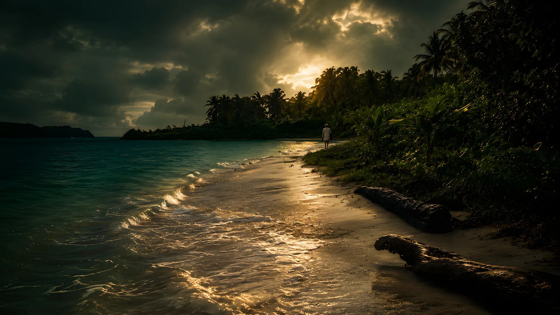 Solitary traveler walking along tropical island beach at sunset - Free 4K desktop Wallpaper