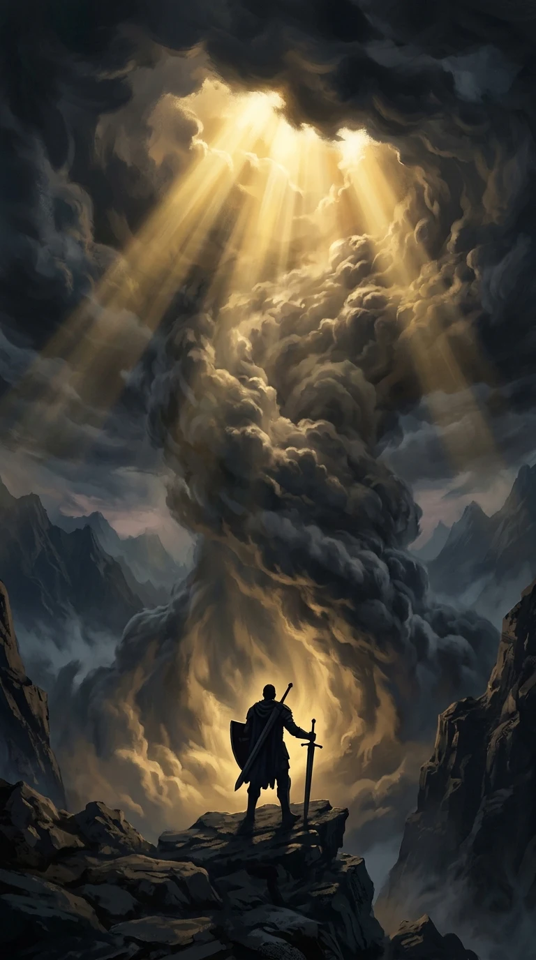 Solitary Warrior Facing a Heavenly Light Through Clouds - Free 8K and 4K mobile Wallpaper Background