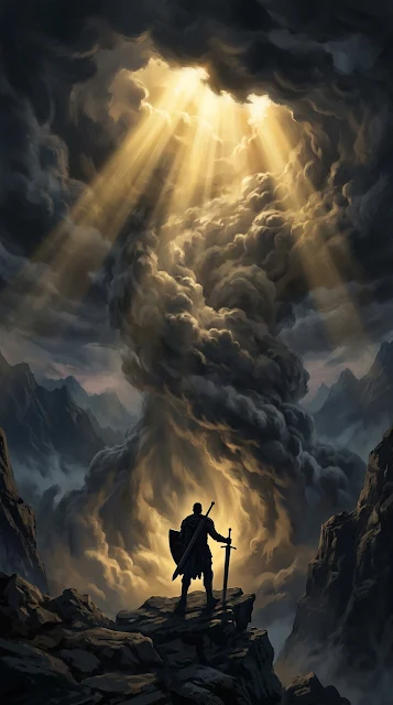 Solitary Warrior Facing a Heavenly Light Through Clouds - Free 4K & 8K mobile Wallpaper