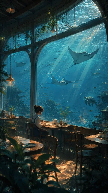 Woman sitting at a wooden table in an underwater cafe observing manta rays and sea turtles through large arched glass windows.