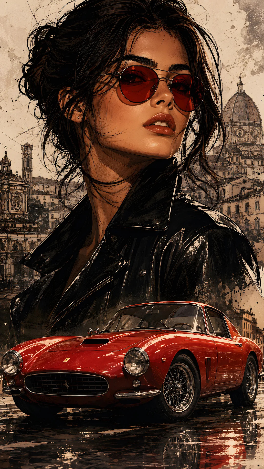 Sophisticated woman in sunglasses with red classic sports car - Free 4K mobile Wallpaper
