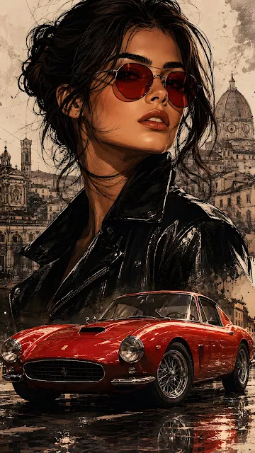 An artistic portrait illustration of a brunette woman with sunglasses, over a sketch of a vintage city, with a red classic sports car in the foreground.