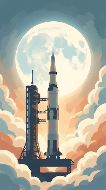 Space Rocket on Launch Pad Against Large Moon and Clouds Illustration - Free mobile Wallpaper
