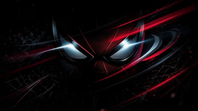 Close-up of Spider-Man mask with bright glowing white-cyan eyes surrounded by red light streaks on black background.