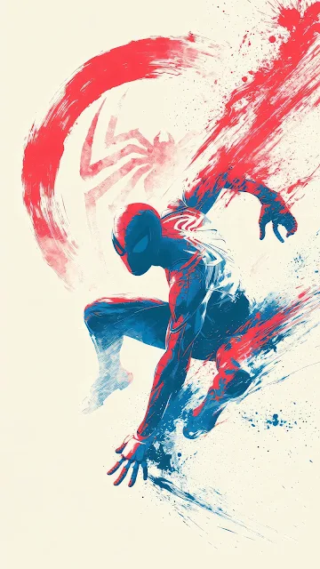 Spider-Man in a dynamic crouch pose illustrated with blue and red watercolor ink splatters on cream paper.