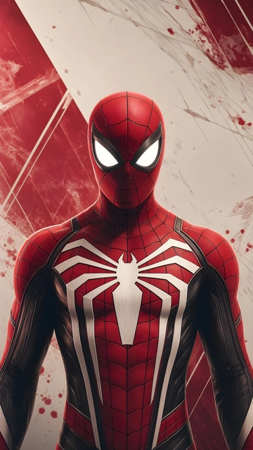 Front view of Spider-Man wearing his red and black suit with the bold white spider chest emblem.