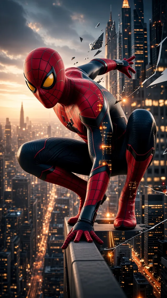 Spider-Man perched on a building girder overlooking illuminated skyscrapers during twilight.