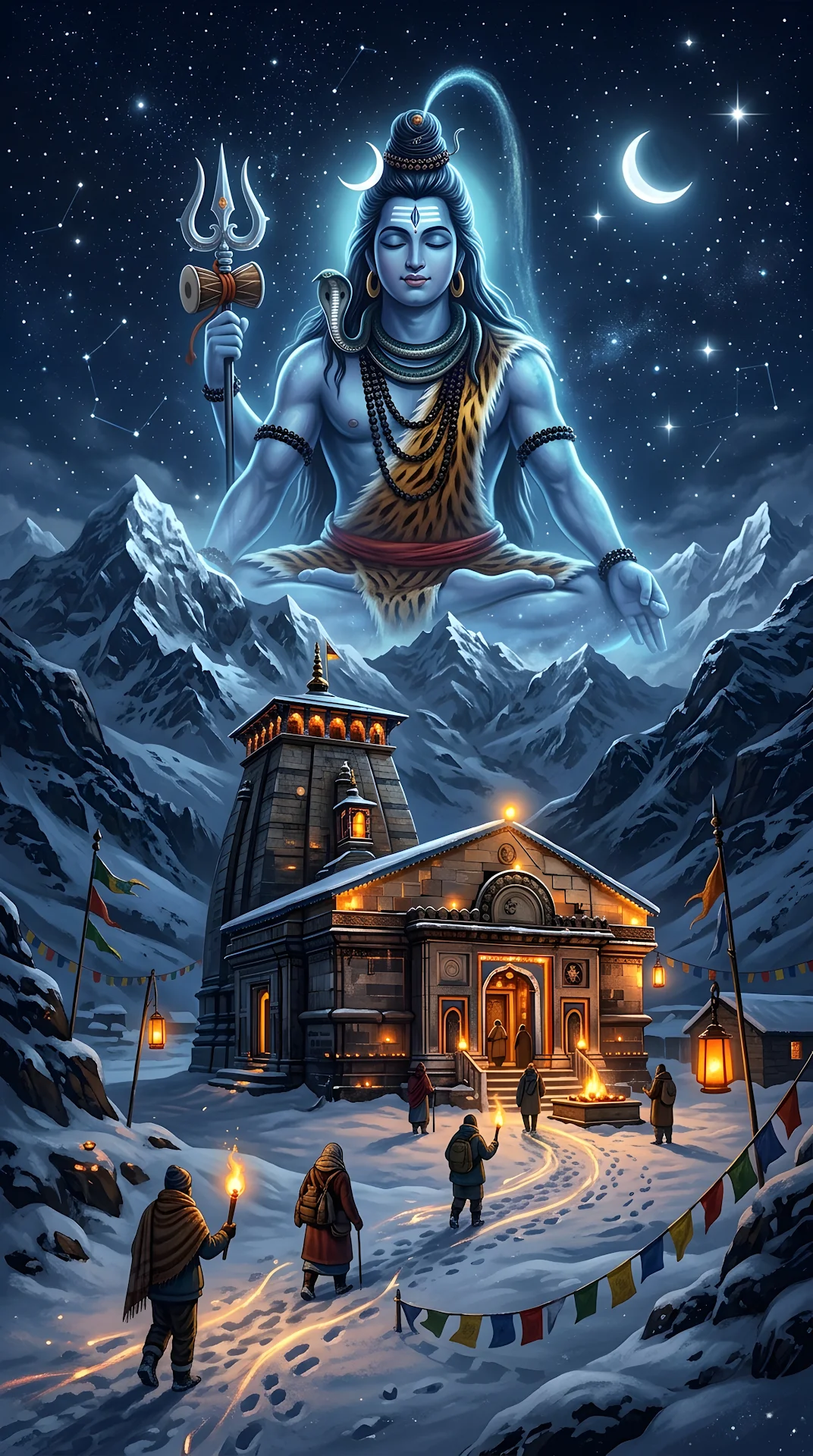 Spiritual Illustration of a Temple in the Himalayas with a Giant Statue of Lord Shiva - Free 4K mobile Wallpaper