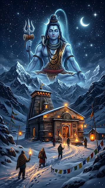 Spiritual Illustration of a Temple in the Himalayas with a Giant Statue of Lord Shiva - Free mobile Wallpaper