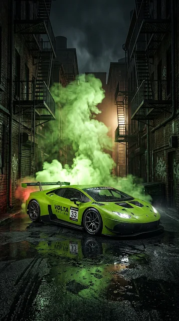 Sport Coupe Race Car parked in Dark Smoked City Alley - Free 4K & 8K mobile Wallpaper