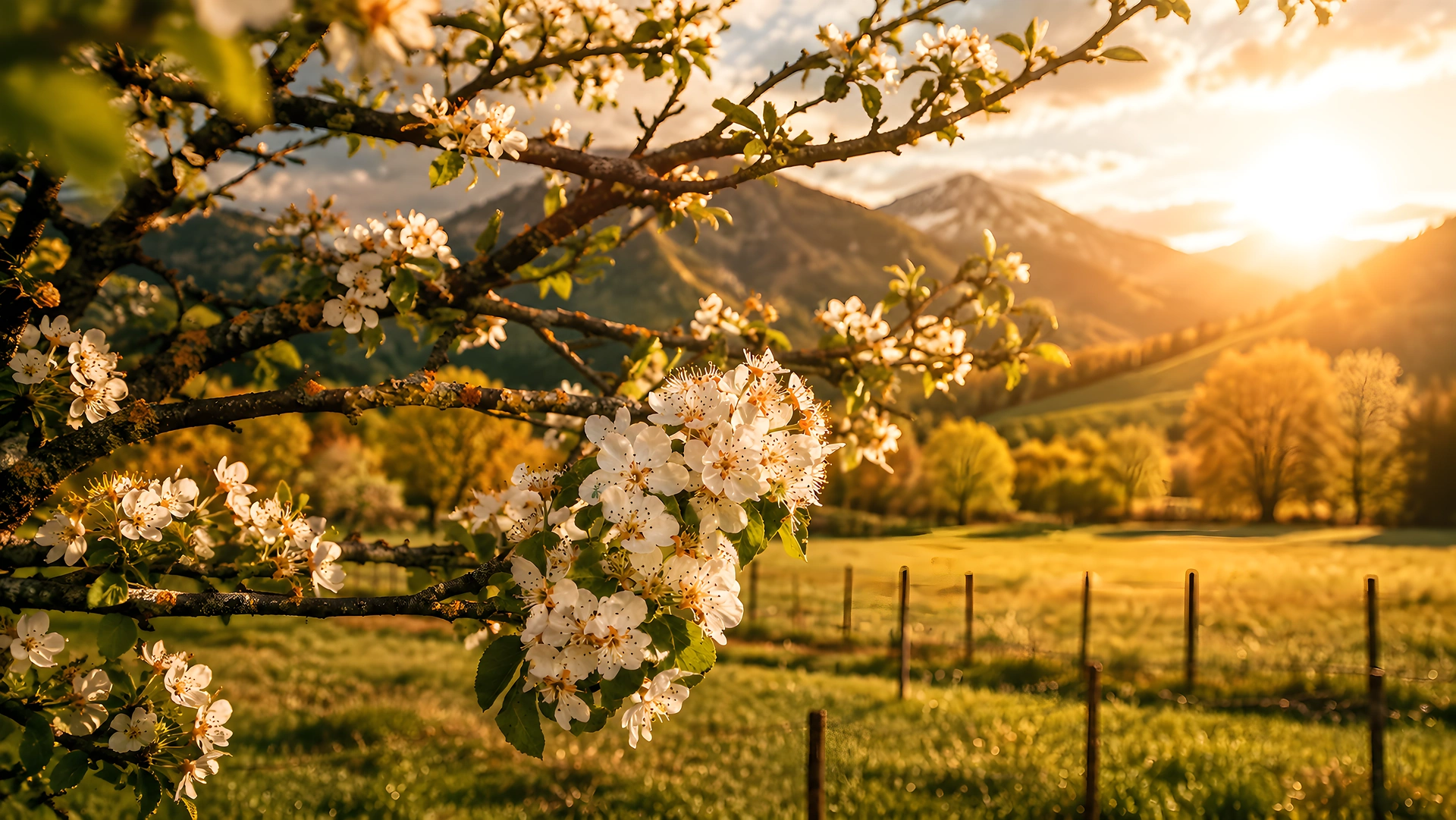 Spring Blossom Orchard Golden Sunset 4K - Free 4K desktop Wallpaper