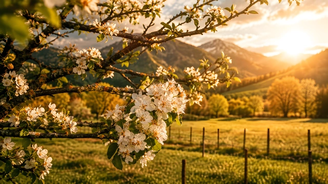 White spring tree blossoms in the foreground with a sunlit green pasture, fence, and mountains in the background.