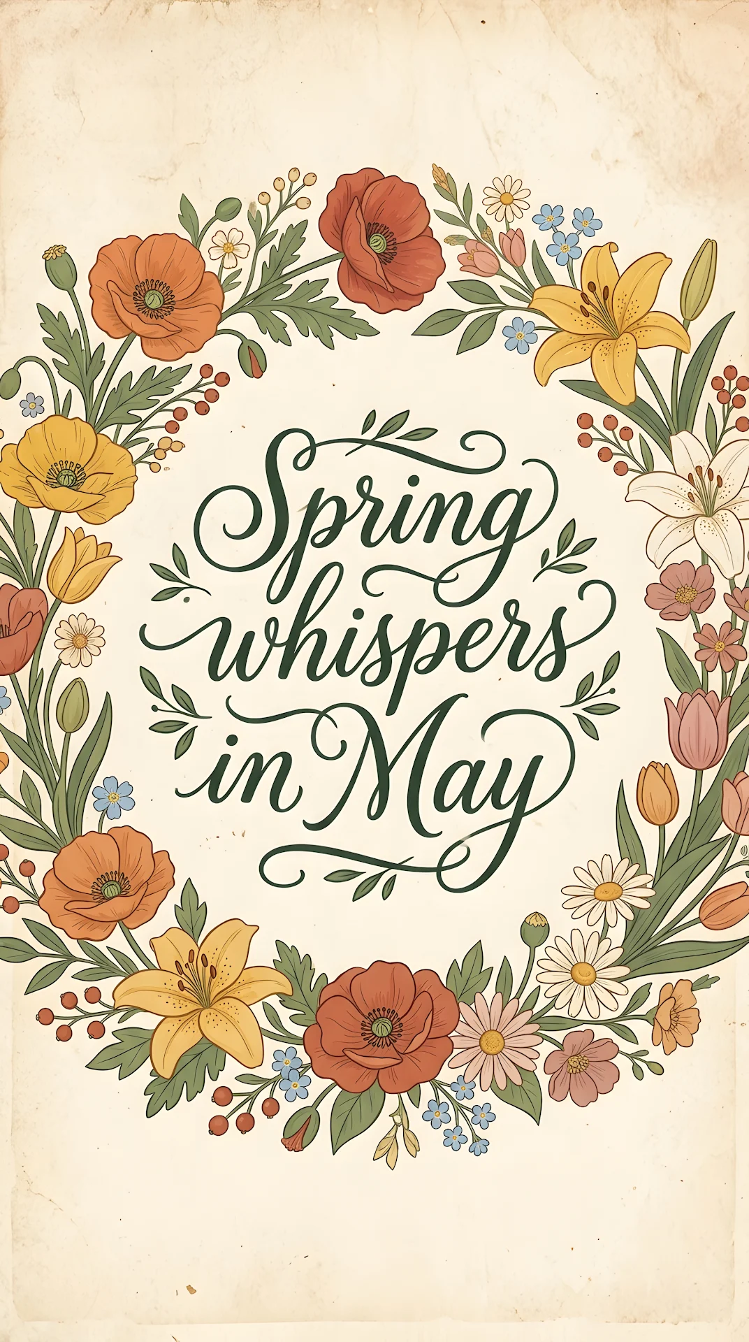 Spring Whispers in May Quote with Vintage Floral Illustration - Free 4K mobile Wallpaper