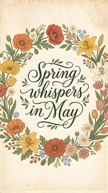 Spring Whispers in May Quote with Vintage Floral Illustration - Free mobile Wallpaper