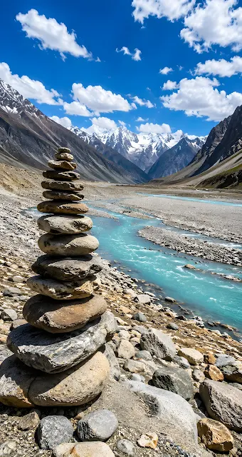 A balanced stack of stones sits in the foreground beside a turquoise glacial river flowing through a wide mountain gravel bed.