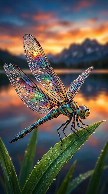 Stained Glass Style Dragonfly with Water Droplets at Sunset - Free 4K & 8K mobile Wallpaper