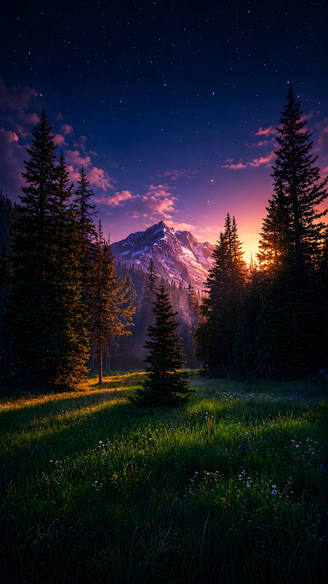 Starry Mountain Forest at Violet Twilight - Free 4K mobile Wallpaper