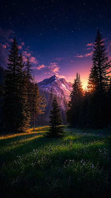 Star-filled twilight sky rises above a snowy mountain, pine forest and dark wildflower meadow.