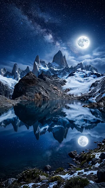 Starry Night Over Rugged Mountains and Reflective Lake - Free 4K & 8K mobile Wallpaper