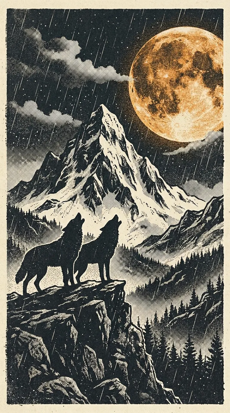 Download Stippled Retro Illustration of Wolves Howling at Giant Blood Moon Wallpaper in 4K UHD Stippled Retro Illustration of Wolves Howling at Giant Blood Moon - Free 8K and 4K mobile Wallpaper Background