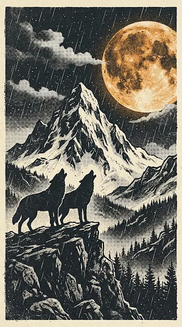 Stippled Retro Illustration of Wolves Howling at Giant Blood Moon - Free 4K & 8K mobile Wallpaper