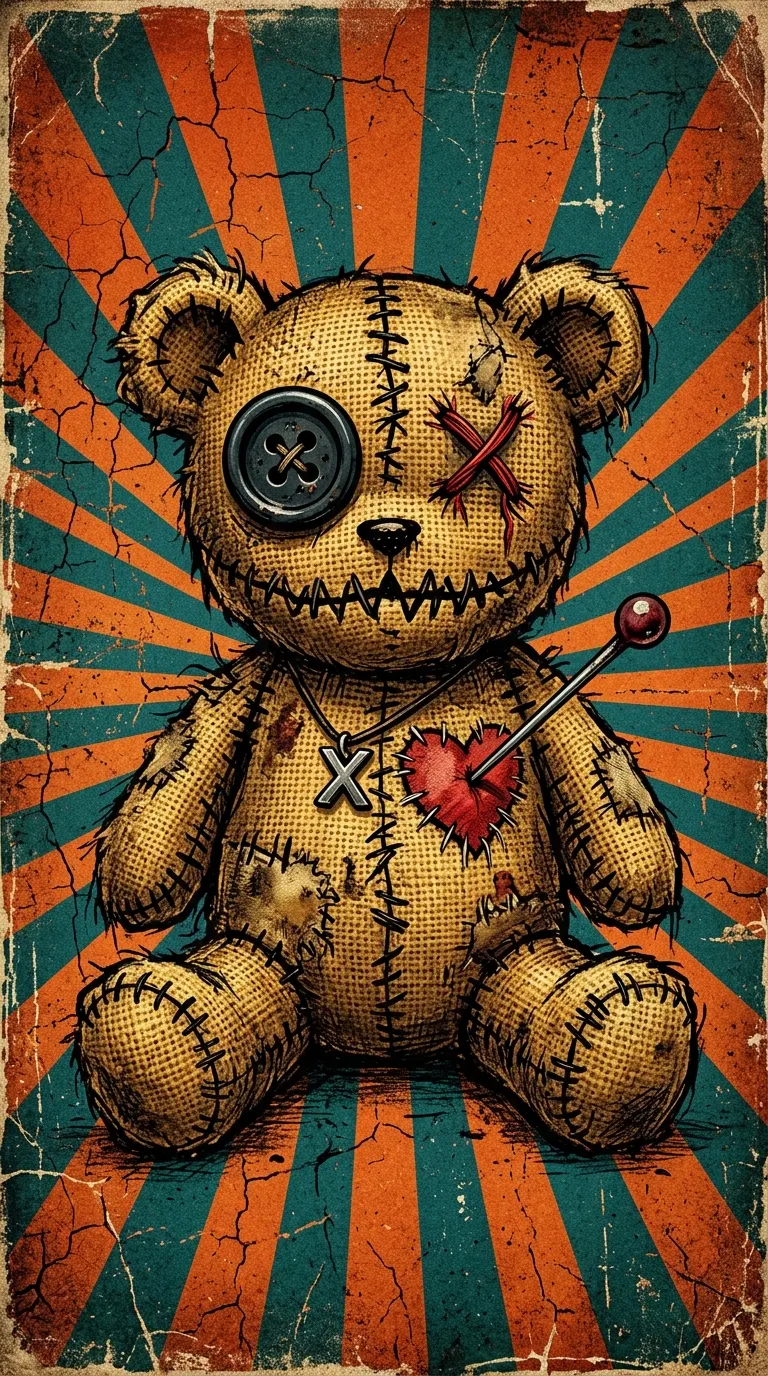 Stitched Voodoo Teddy Bear on Retro Distressed Sunburst - Free 8K and 4K mobile Wallpaper Background