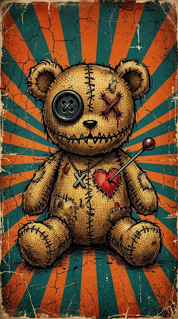 Stitched Voodoo Teddy Bear on Retro Distressed Sunburst - Free 4K & 8K mobile Wallpaper