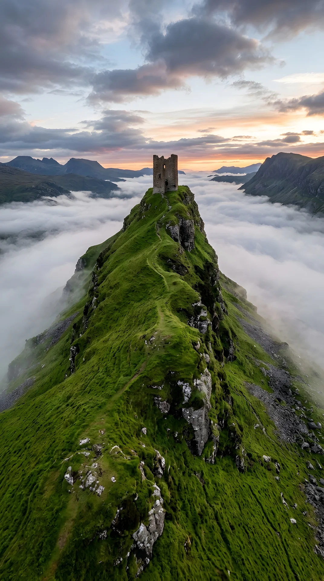 Stone Castle Tower Ruin Atop Sharp Vibrant Green Mountain Ridge - Free 4K mobile Wallpaper