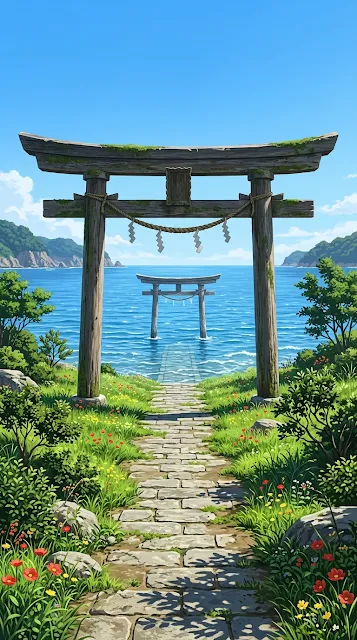 Stone Path Leading Through Torii Gates to the Ocean - Free 4K & 8K mobile Wallpaper