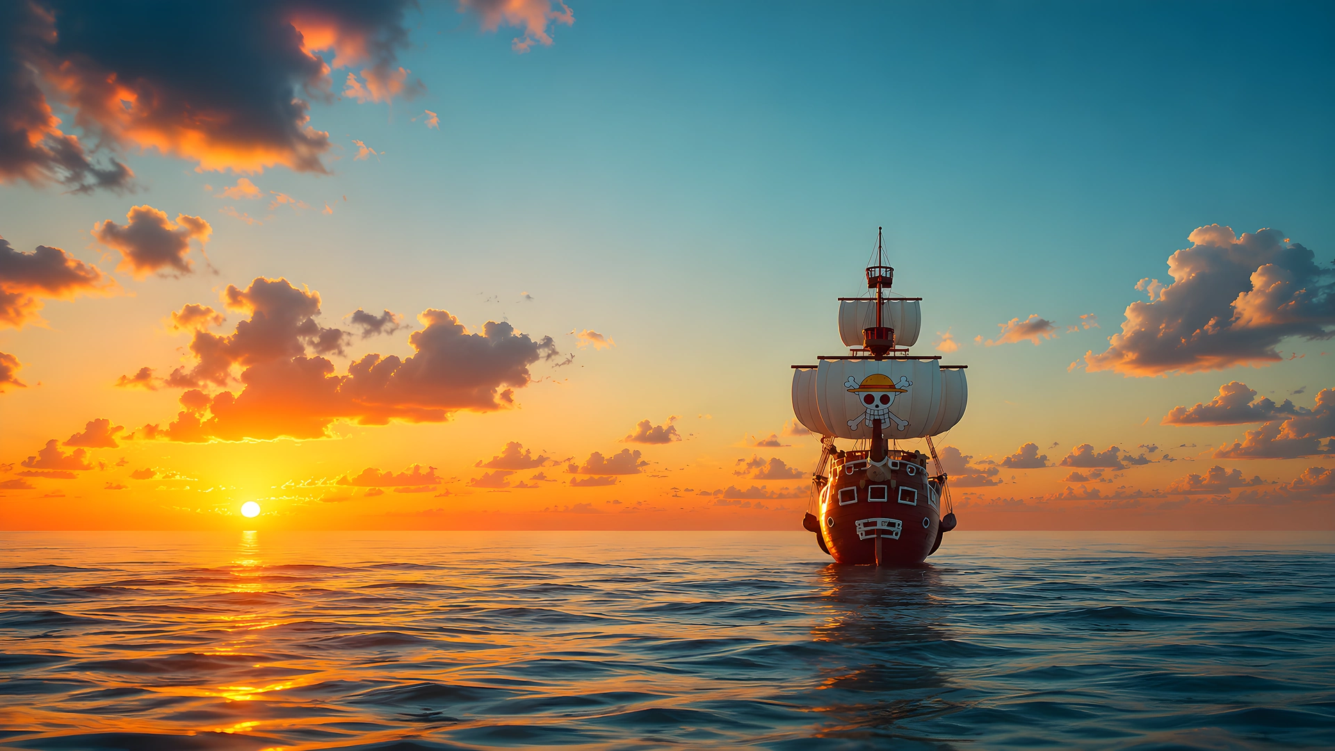 Straw Hat Pirate Ship Ocean Sunset 4K - Free 4K desktop Wallpaper
