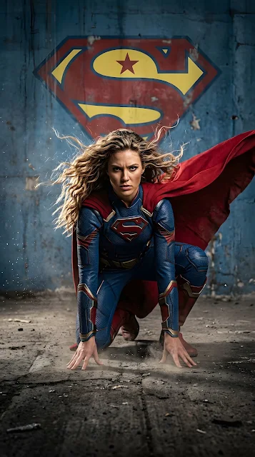 A powerful young blonde woman in a blue and red superhero uniform kneeling in a dramatic pose against a blue wall with a red and yellow shield.