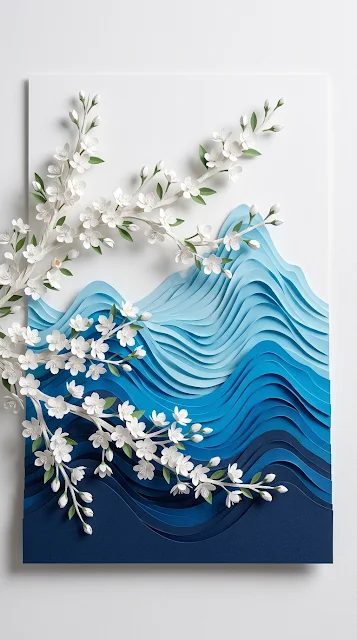 Stunning Blue and White Papercraft Flowers and Mountains - Free 4K & 8K mobile Wallpaper
